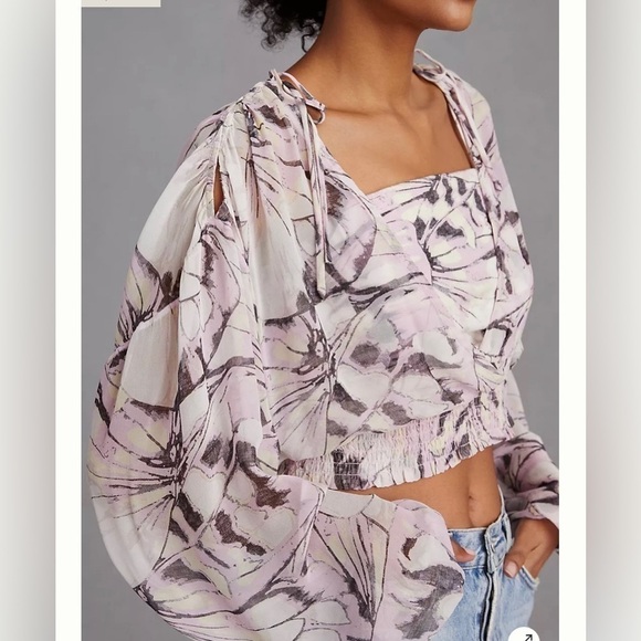 Anthropologie Tops - 🆕 ANTHROPOLOGIE By Sheer Peasant Top Purple Motif Smocked Blouse